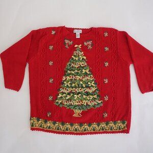 Vintage August Max Red Knit Embroidered Christmas Tree Holiday Sweater 3X